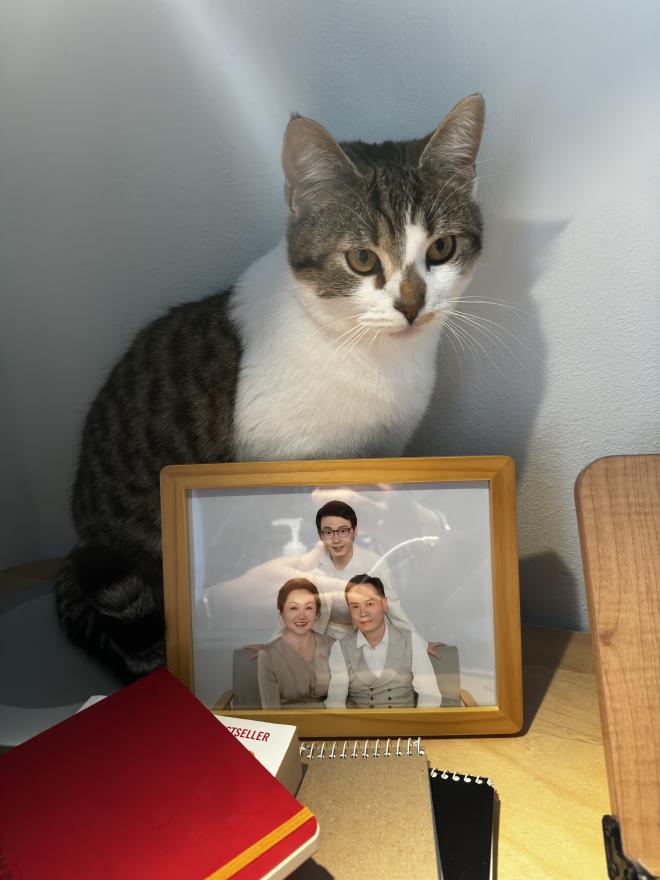 cat standing next to family photo